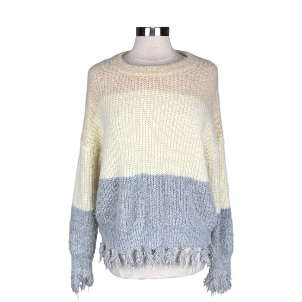 White Birch Womens Neutral Colorblock Crew Neck Sweater Fringe Fuzzy size Small